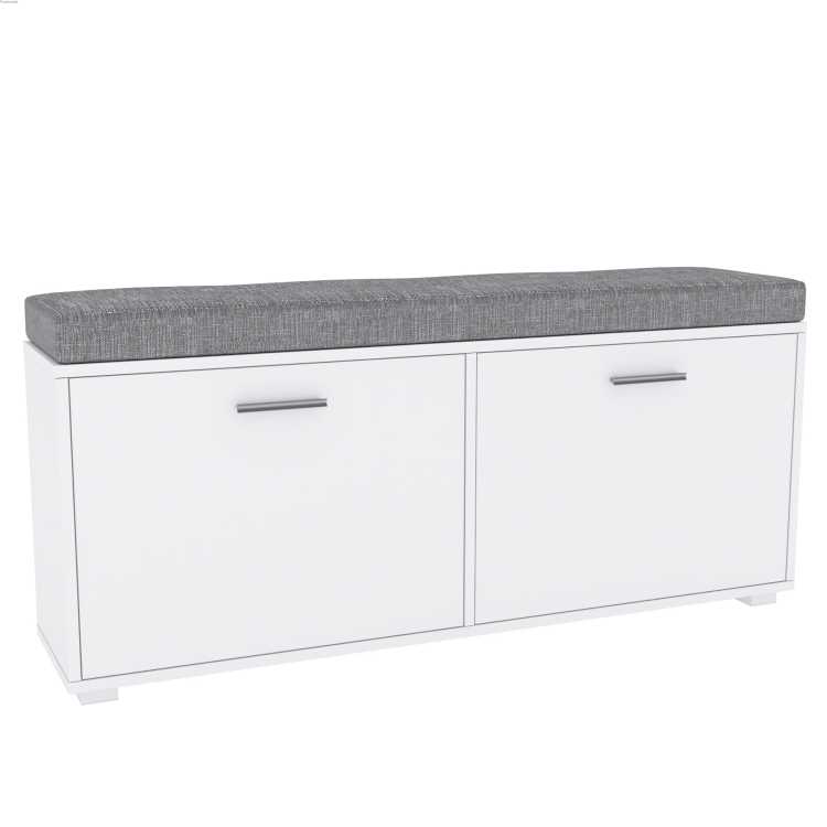 Szafka na buty biała 2 drzwiowa uchylna z szarą poduszką 120 cm