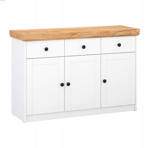 Komoda 3 szuflady 3 drzwi MDF biały dąb złoty
