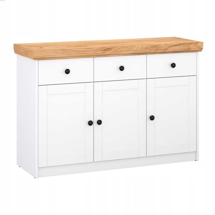 Komoda 3 szuflady 3 drzwi MDF biały dąb złoty