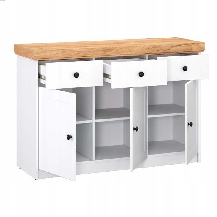 Komoda 3 szuflady 3 drzwi MDF biały dąb złoty