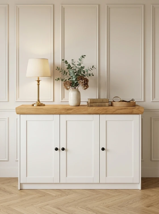 Komoda 3 drzwi MDF biały dąb złoty