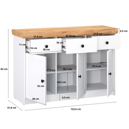 Komoda 3 szuflady 3 drzwi MDF biały dąb złoty