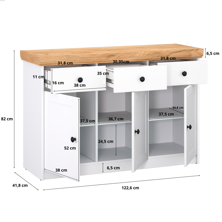 Komoda 3 szuflady 3 drzwi MDF biały dąb złoty